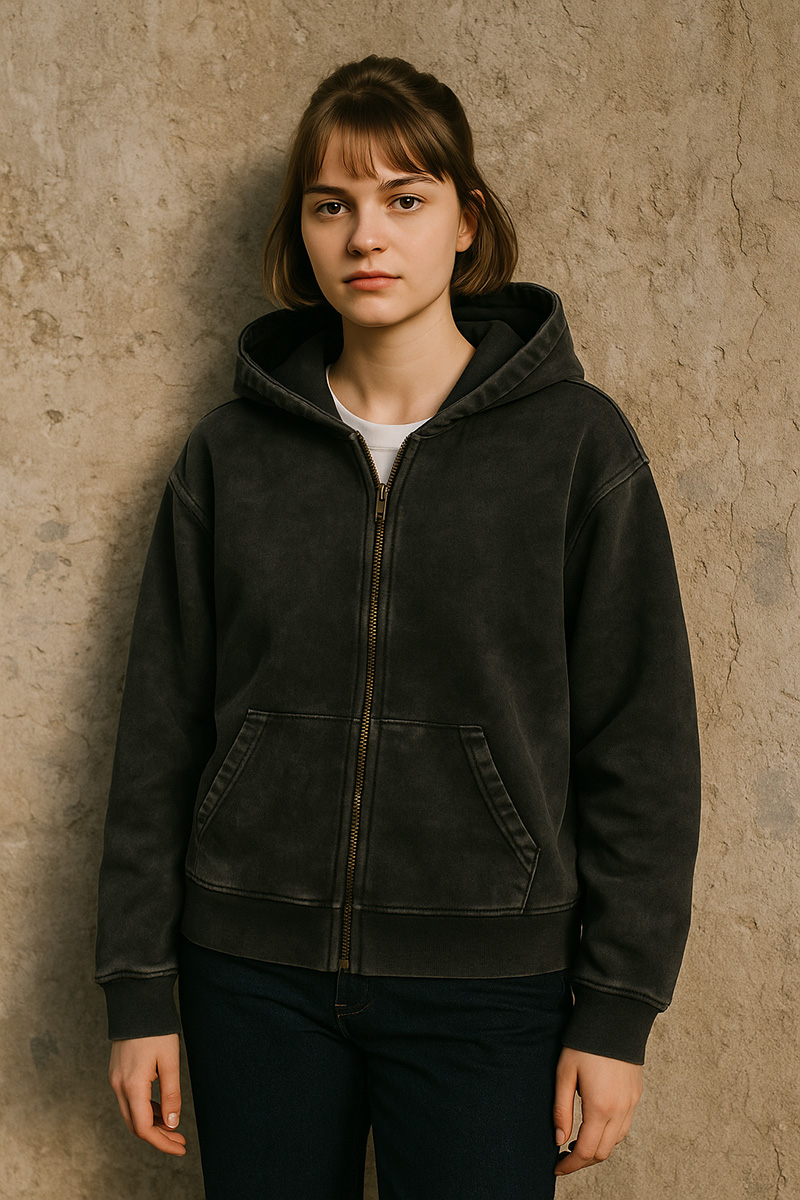 Snow Wash Zip Hoodie Model Front Snow Wash Zip Hoodie Model Front