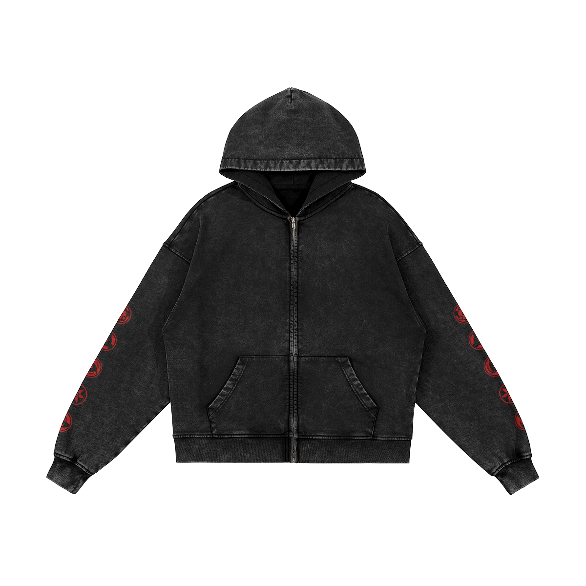 Sharingan 440GSM Snow Washed Zip Hoodie Front Sharingan Snow Washed Zip Hoodie - Image 2