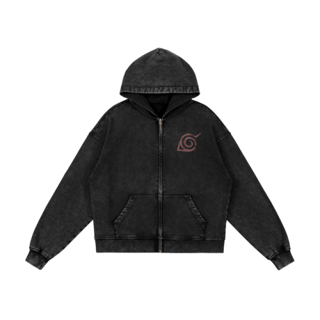Konoha - 440GSM Snow Washed Zip Hoodie - Hakusuru Anime Streetwear