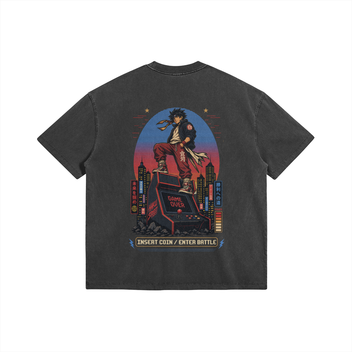 Insert Coin Enter Battle Faded Wash T Shirt Back Insert Coin / Enter Battle, 285GSM Faded Wash T-Shirt - Image 2
