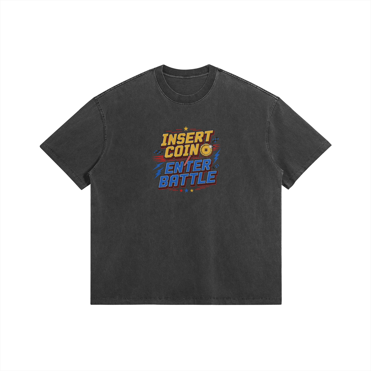 Insert Coin Enter Battle Faded Wash T Shirt Front Insert Coin / Enter Battle, 285GSM Faded Wash T-Shirt