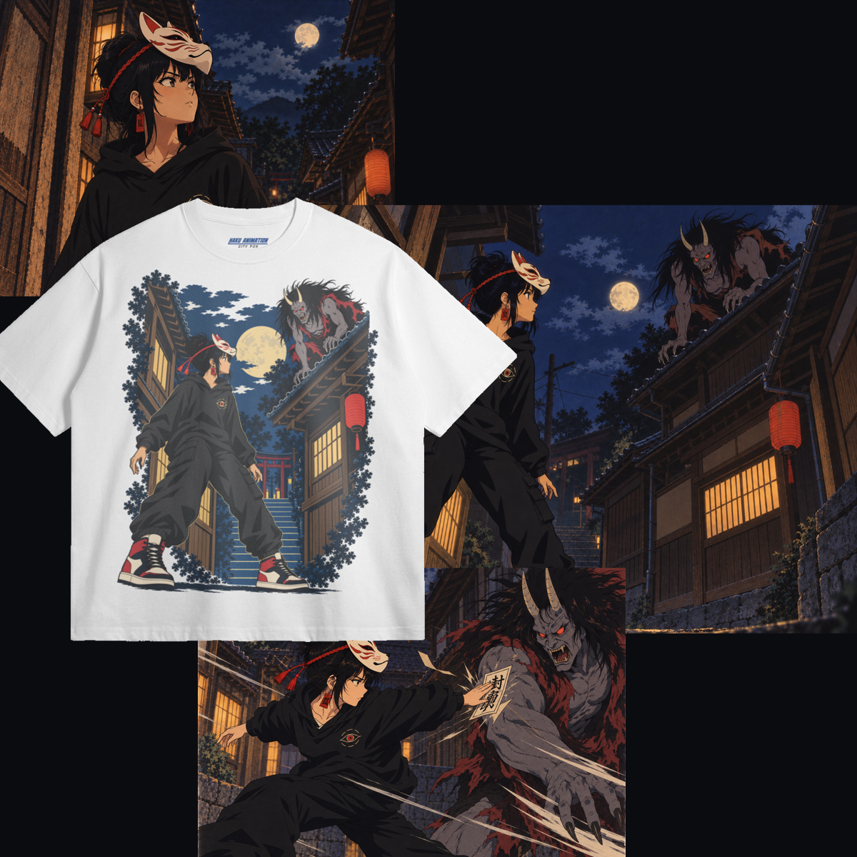 Moonlit Encounter Screenshots City Fox, Moonlit Encounter - 305GSM Oversized T-Shirt - Image 3